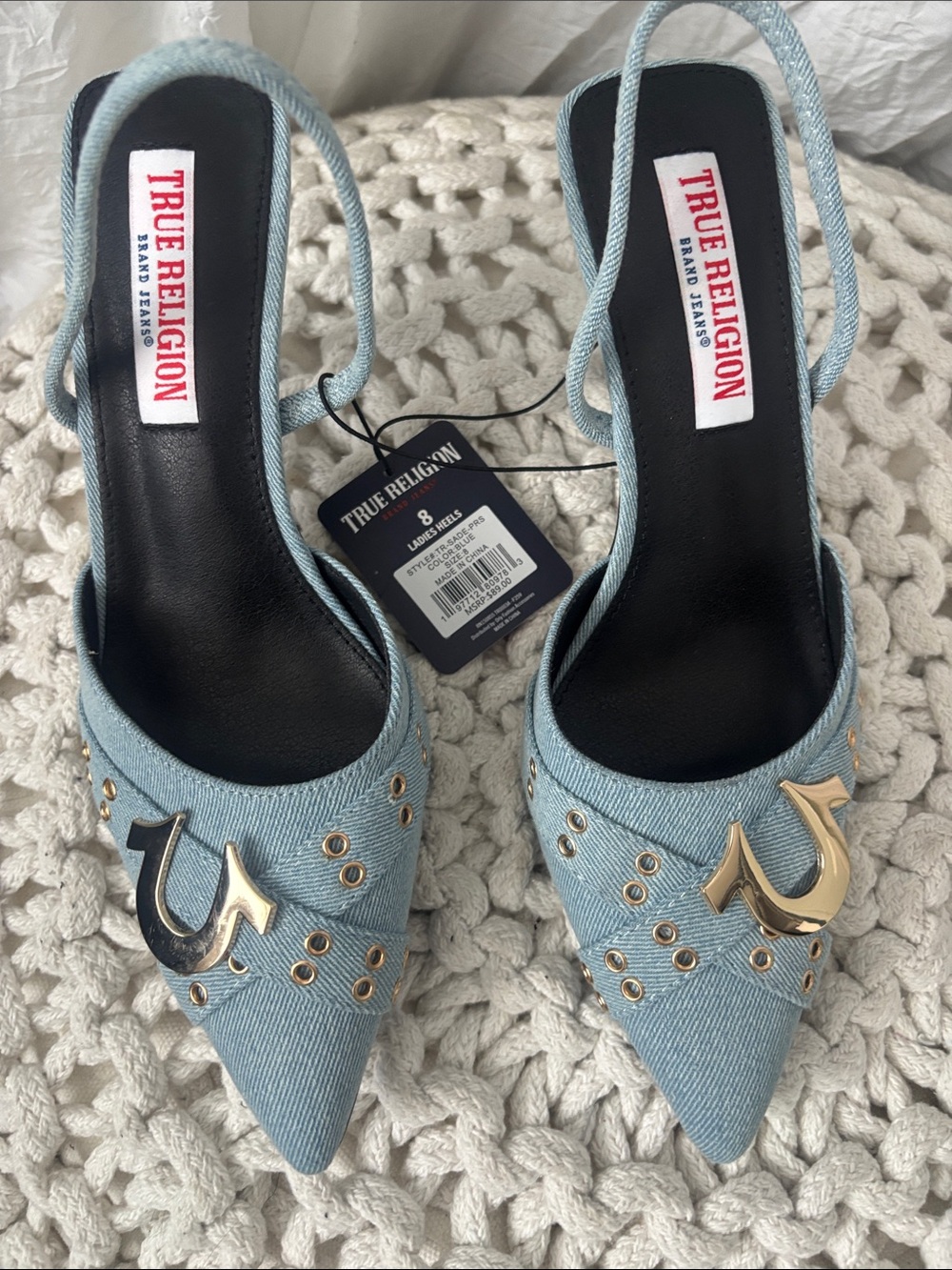 True Religion Light Blue Denim Pointed Slingback Mules with Gold Hardware - Picture 10 of 11